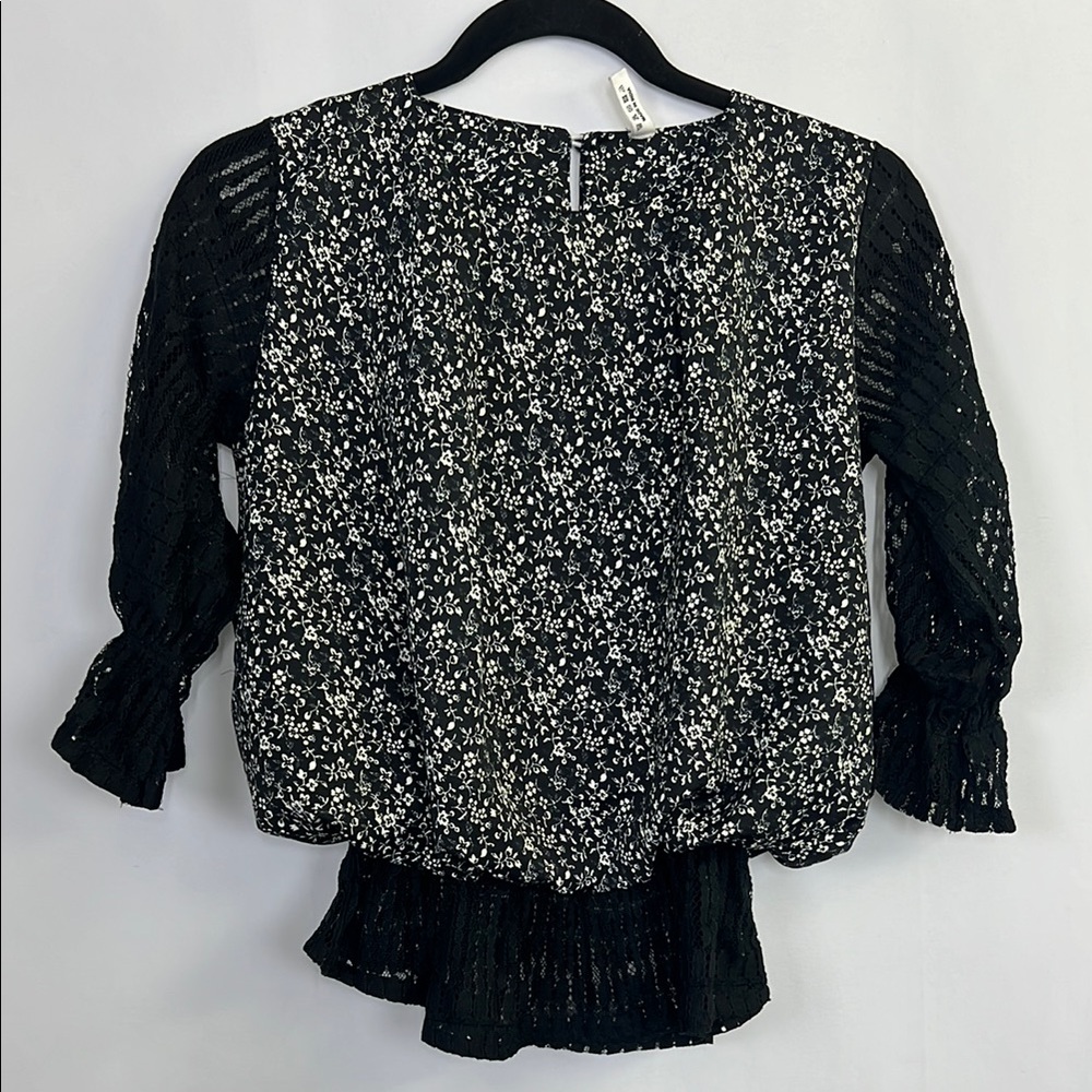 Zoya Black and White Ruffled Smocked Blouse lace hem details